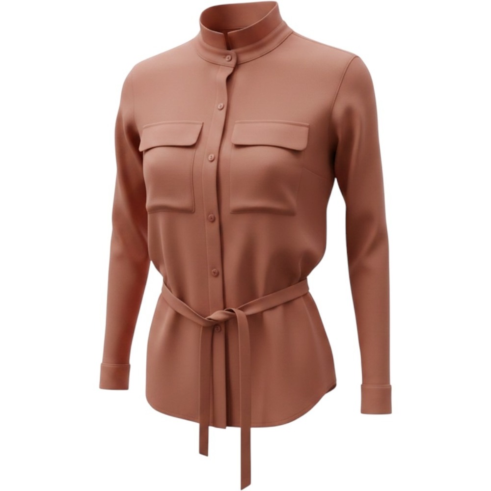 Banana Republic Women Rust Utility Blouse Mandarin Collar Belted Shirt Small